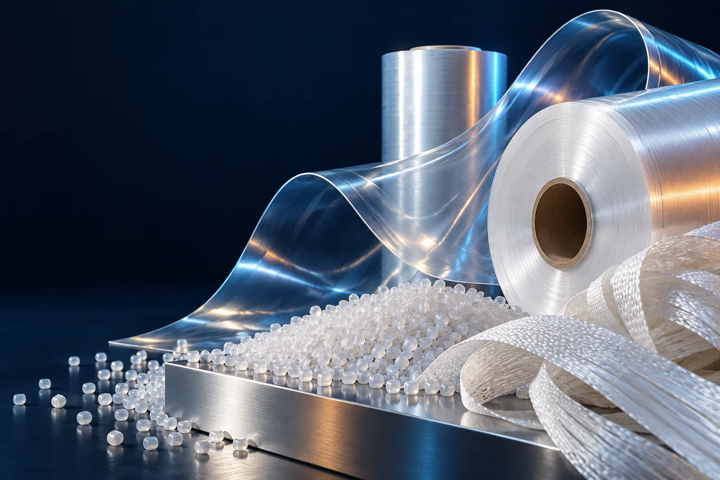 Illustrative studio composition of polymer granules, film rolls and woven raffia