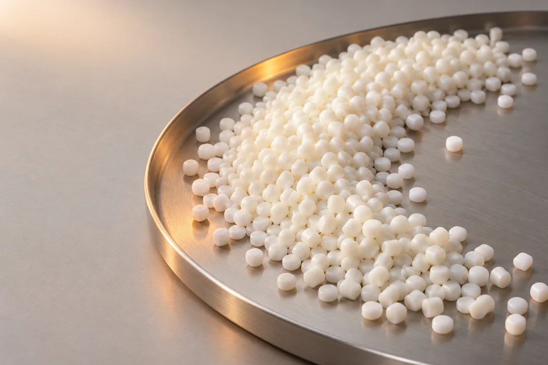 Illustrative studio artwork of ivory polypropylene granules on a titanium tray